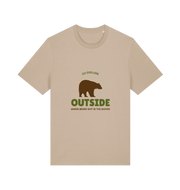 beige funny t-shirt with the graphic of a bear on and the slogan 'go explore outside where bears shit in the woods'