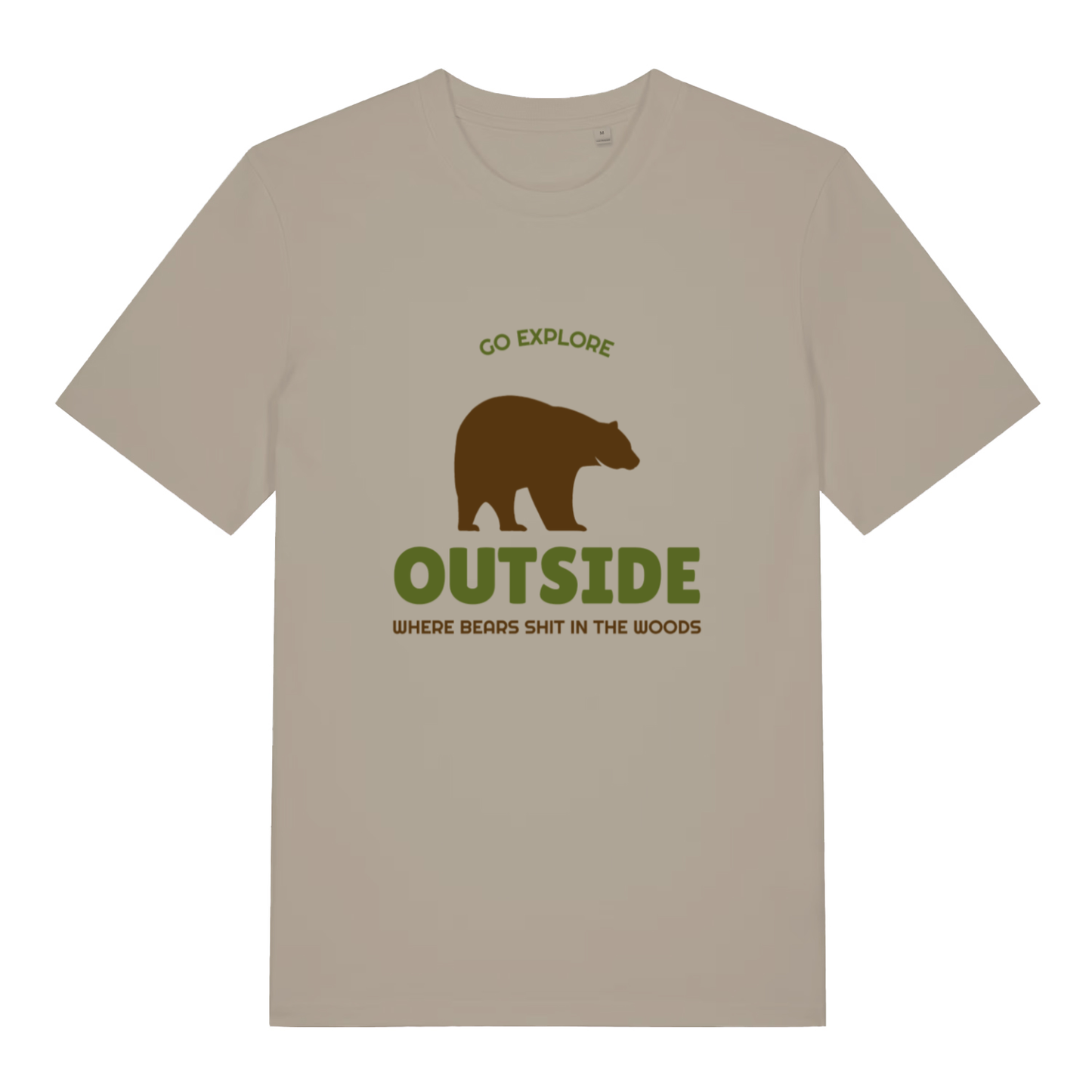 Stone Go Explore T-shirt flat lay showing bear "where bears shit in the woods" design