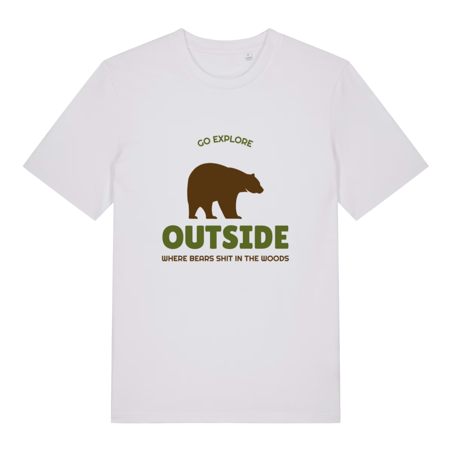 White Go Explore T-shirt flat lay with humorous nature exploration graphic