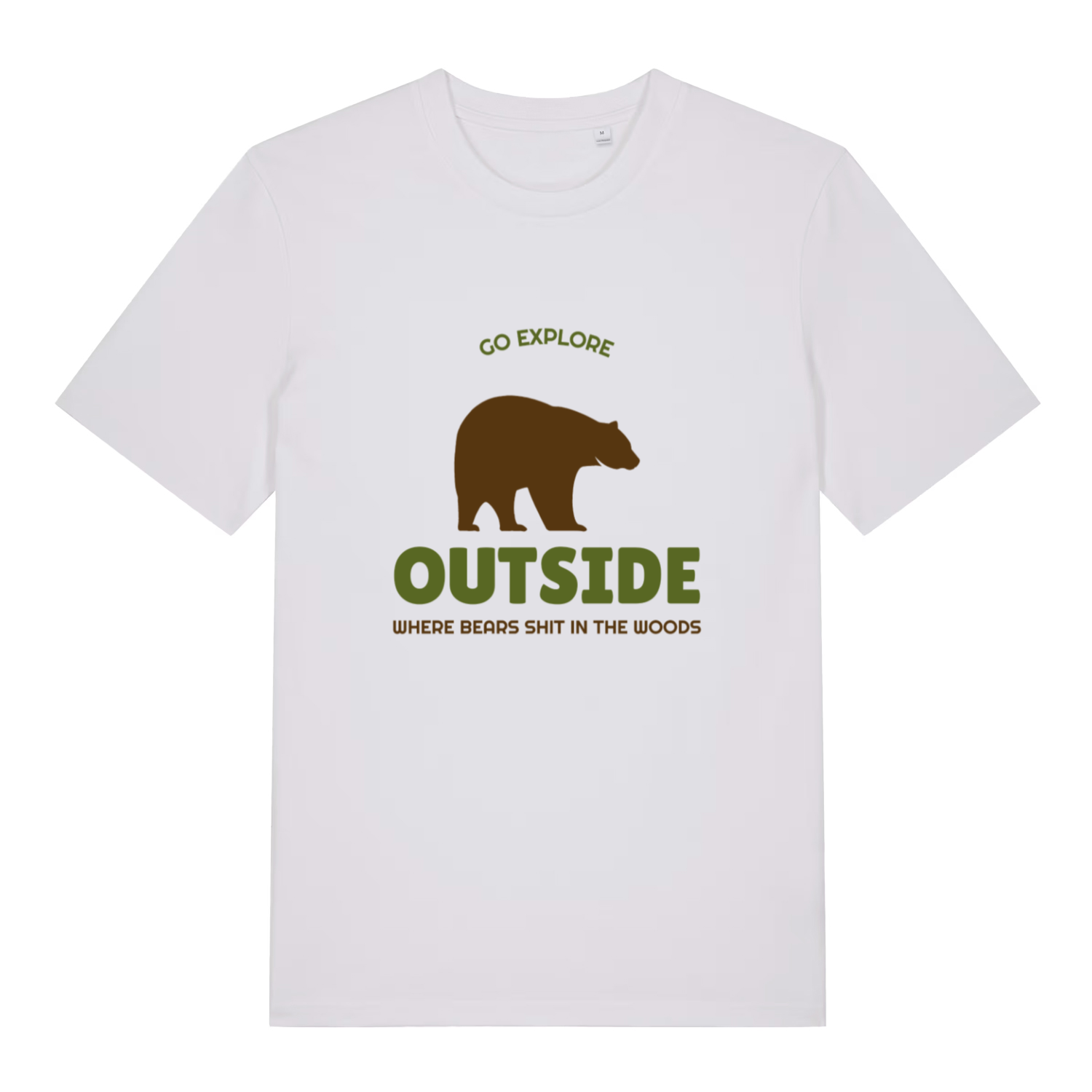 White Go Explore T-shirt flat lay with humorous nature exploration graphic