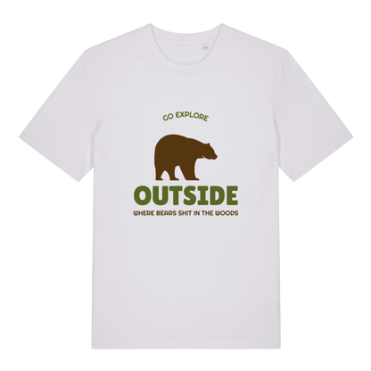 White Go Explore T-shirt flat lay with humorous nature exploration graphic