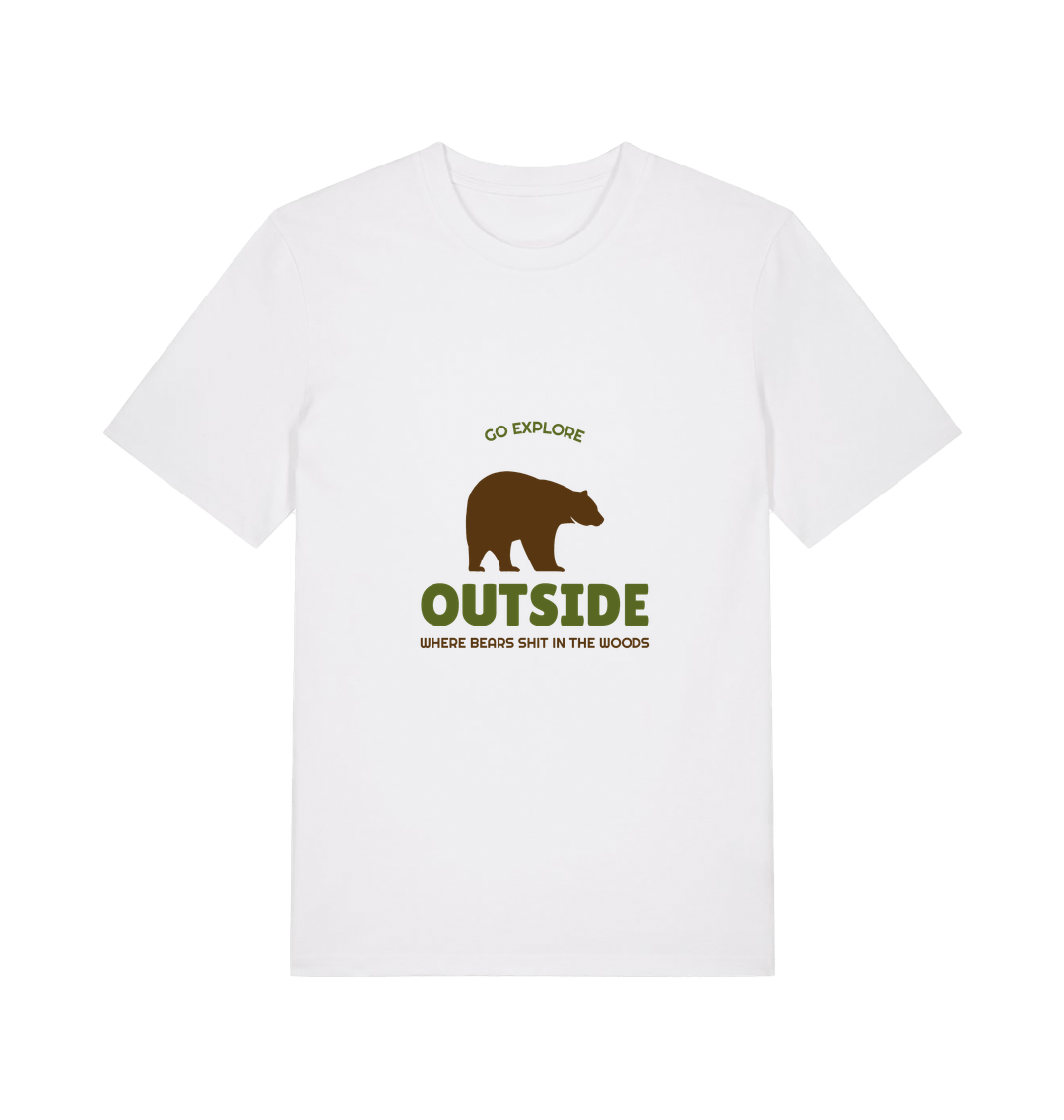 white funny t-shirt with the graphic of a bear on and the slogan 'go explore outside where bears shit in the woods'