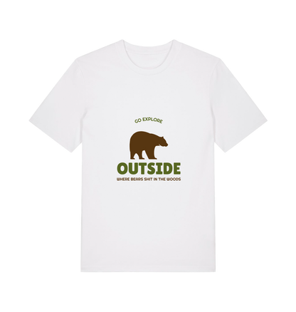 white funny t-shirt with the graphic of a bear on and the slogan 'go explore outside where bears shit in the woods'
