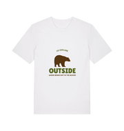 white funny t-shirt with the graphic of a bear on and the slogan 'go explore outside where bears shit in the woods'