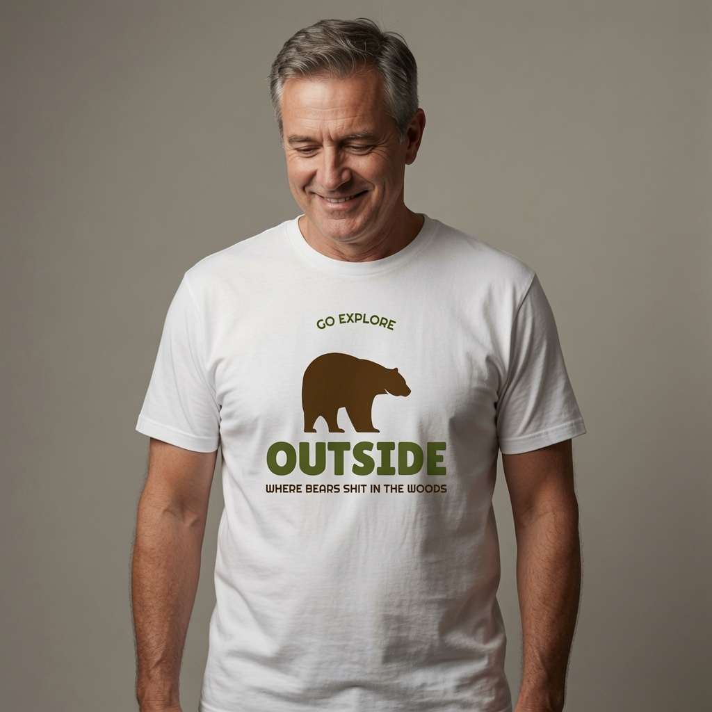 Grey-haired man smiling looking down in white Go Explore Outside tee, mens outdoor bear graphic