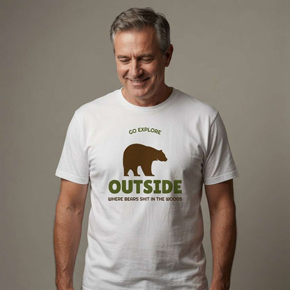 Grey-haired man smiling looking down in white Go Explore Outside tee, mens outdoor bear graphic