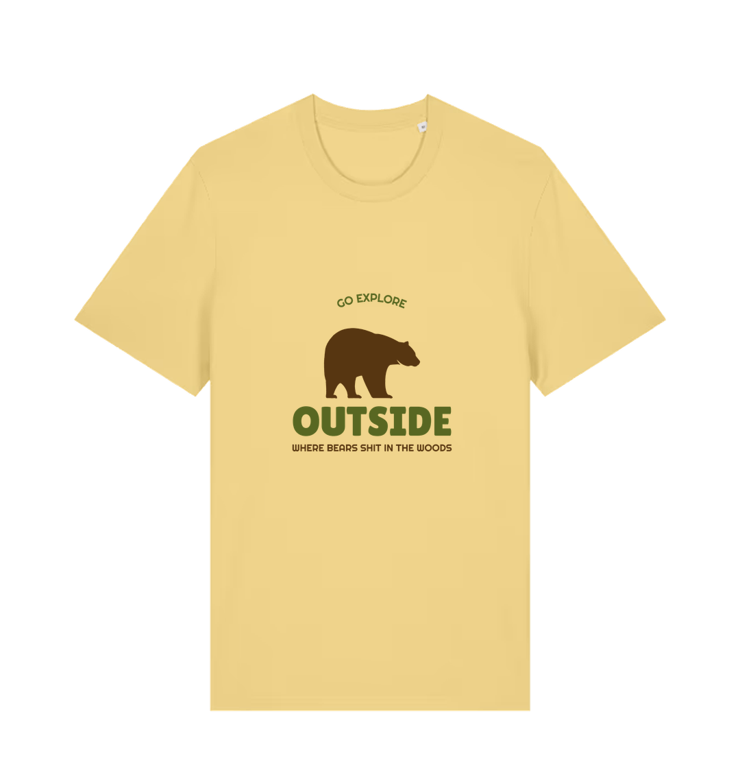 yellow funny t-shirt with the graphic of a bear on and the slogan 'go explore outside where bears shit in the woods'