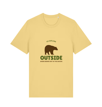 yellow funny t-shirt with the graphic of a bear on and the slogan 'go explore outside where bears shit in the woods'