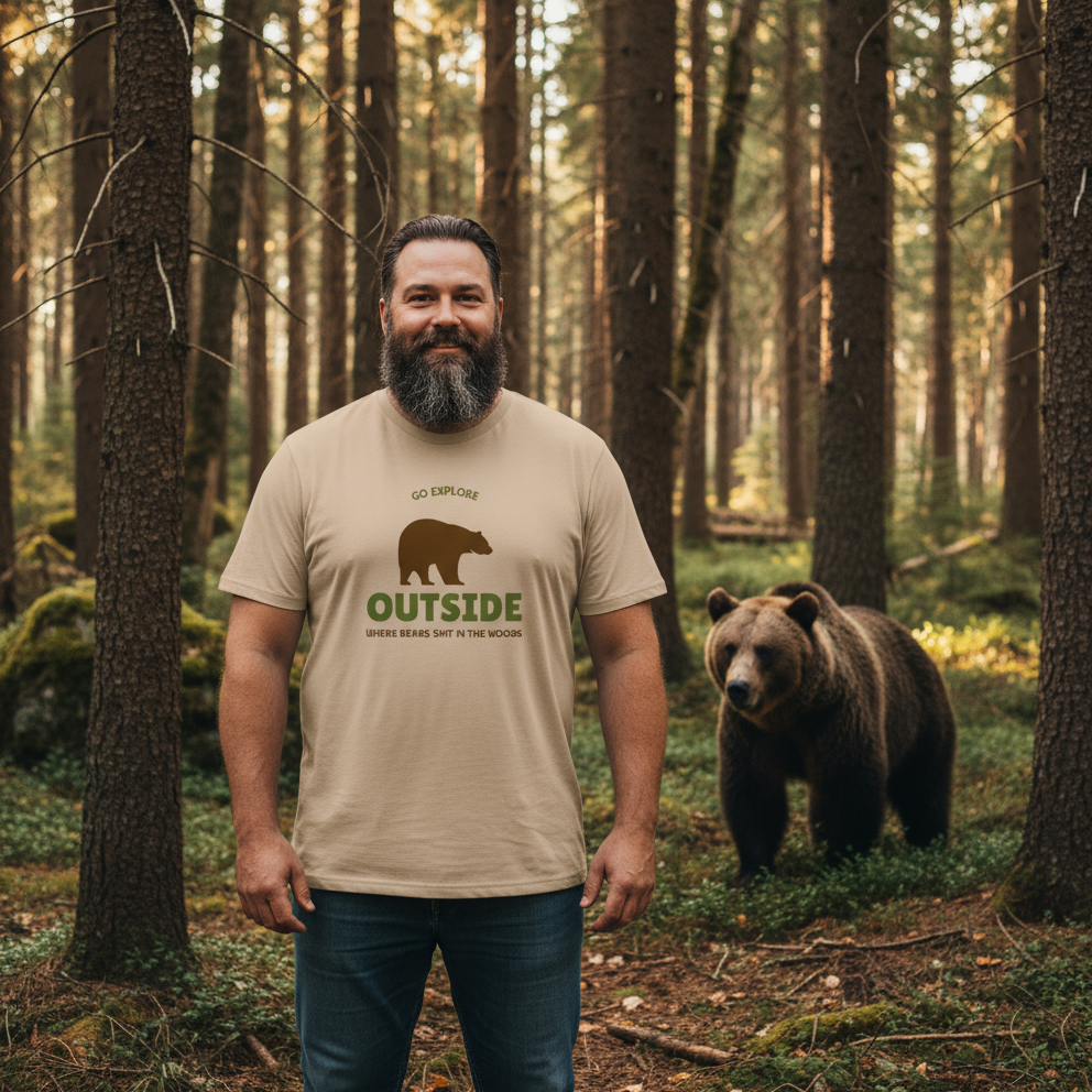 Man wearing a 'Go Outside' t-shirt in a forest with a bear nearby
