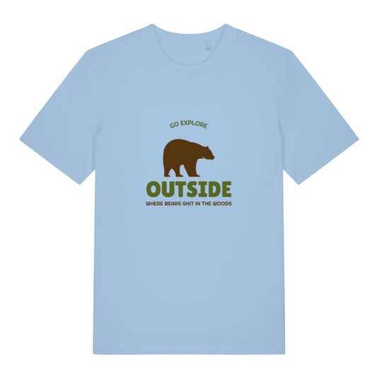 light blue funny graphic t-shirt with a bear design and the slogan 'go explore outside where bears shit in the woods'