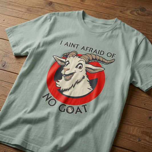 Aloe I Ain’t Afraid of No Goat t-shirt on wood with Ghostbusters-style goat logo, funny mens goat pun animal