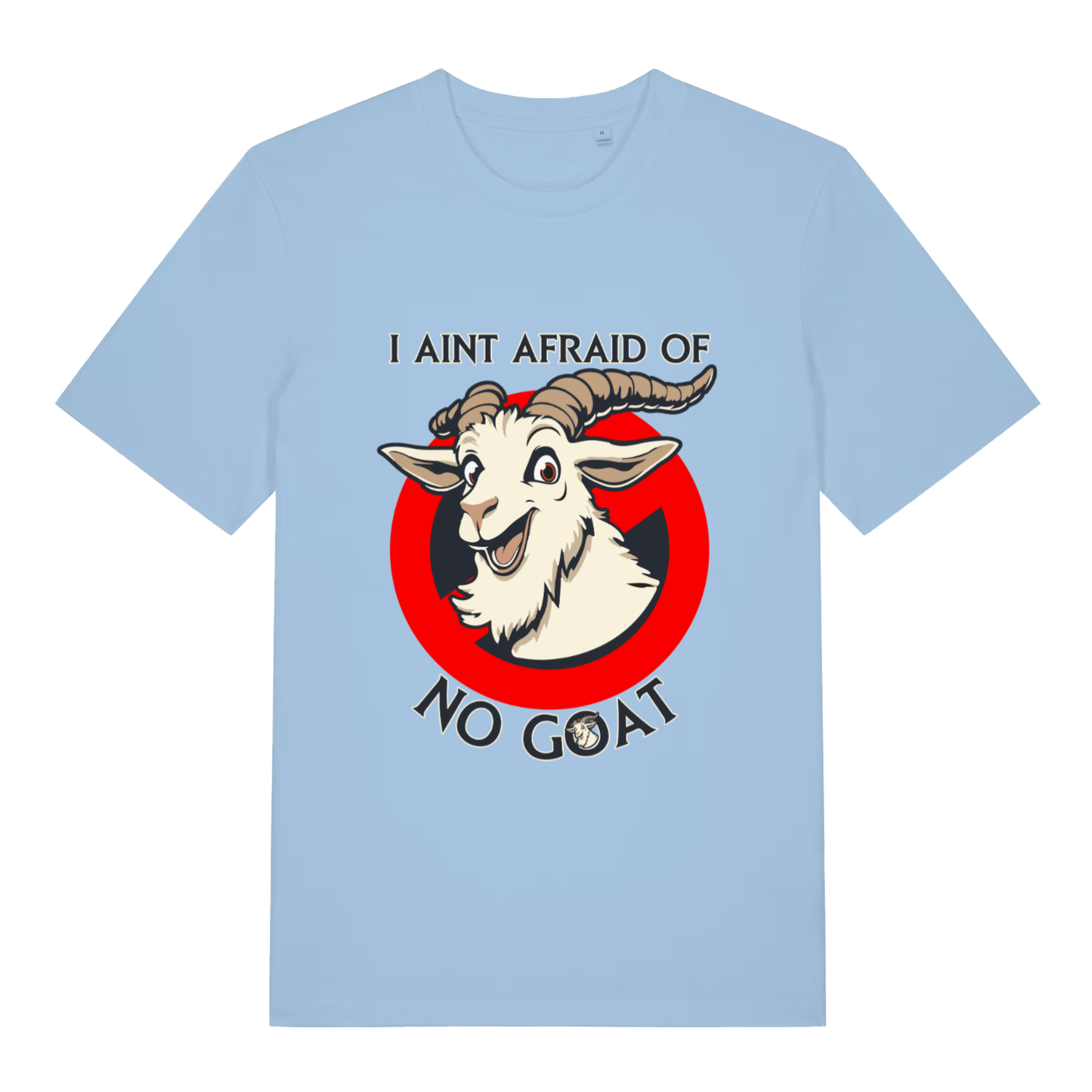 Light Blue Goatbusters T-shirt flat lay featuring funny Ghostbusters goat design