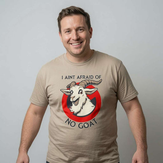 Man smiling in stone I Ain’t Afraid of No Goat tee, funny witty mens goat pun animal graphic