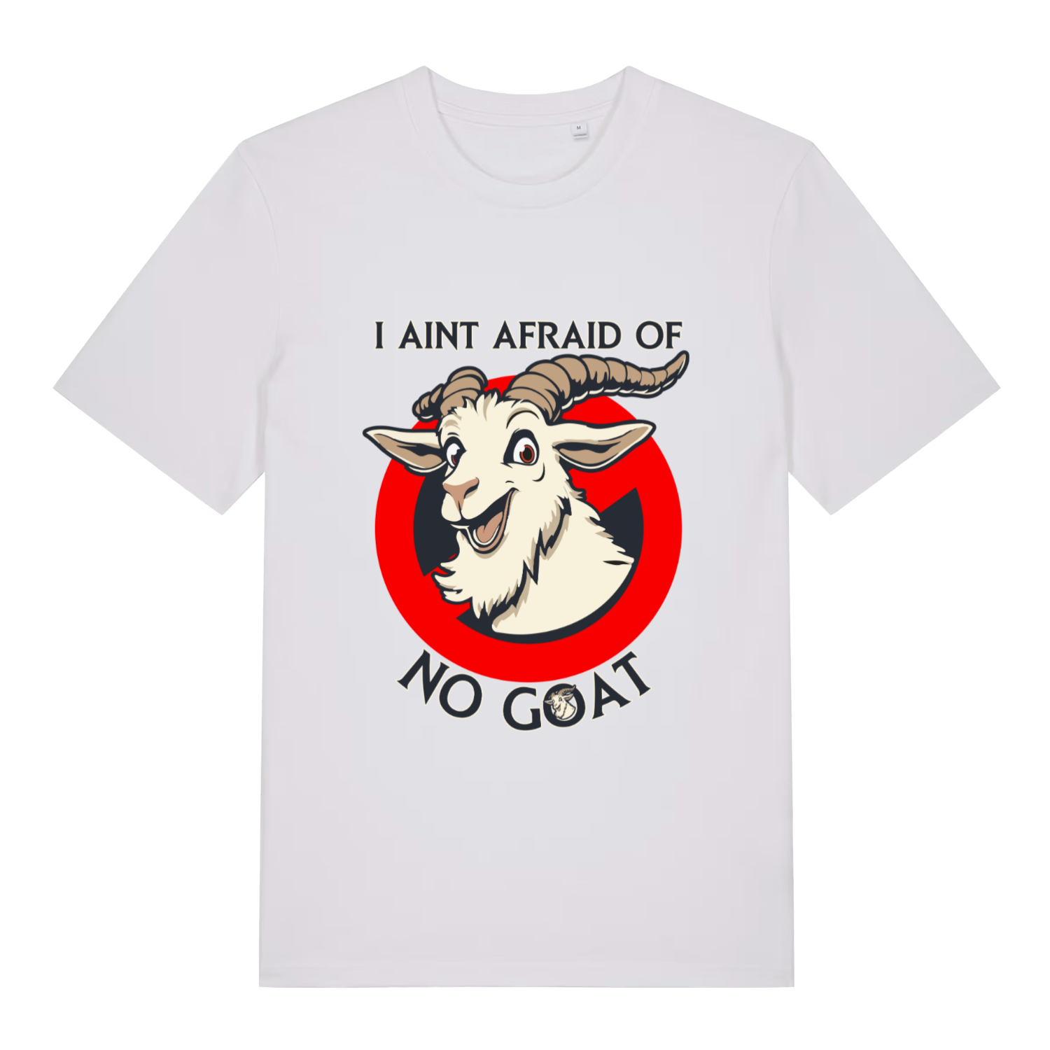 White Goatbusters T-shirt flat lay with hilarious "no goat" Ghostbusters style illustration