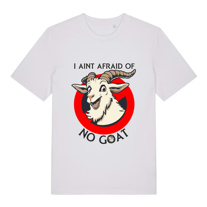 White Goatbusters T-shirt flat lay with hilarious "no goat" Ghostbusters style illustration
