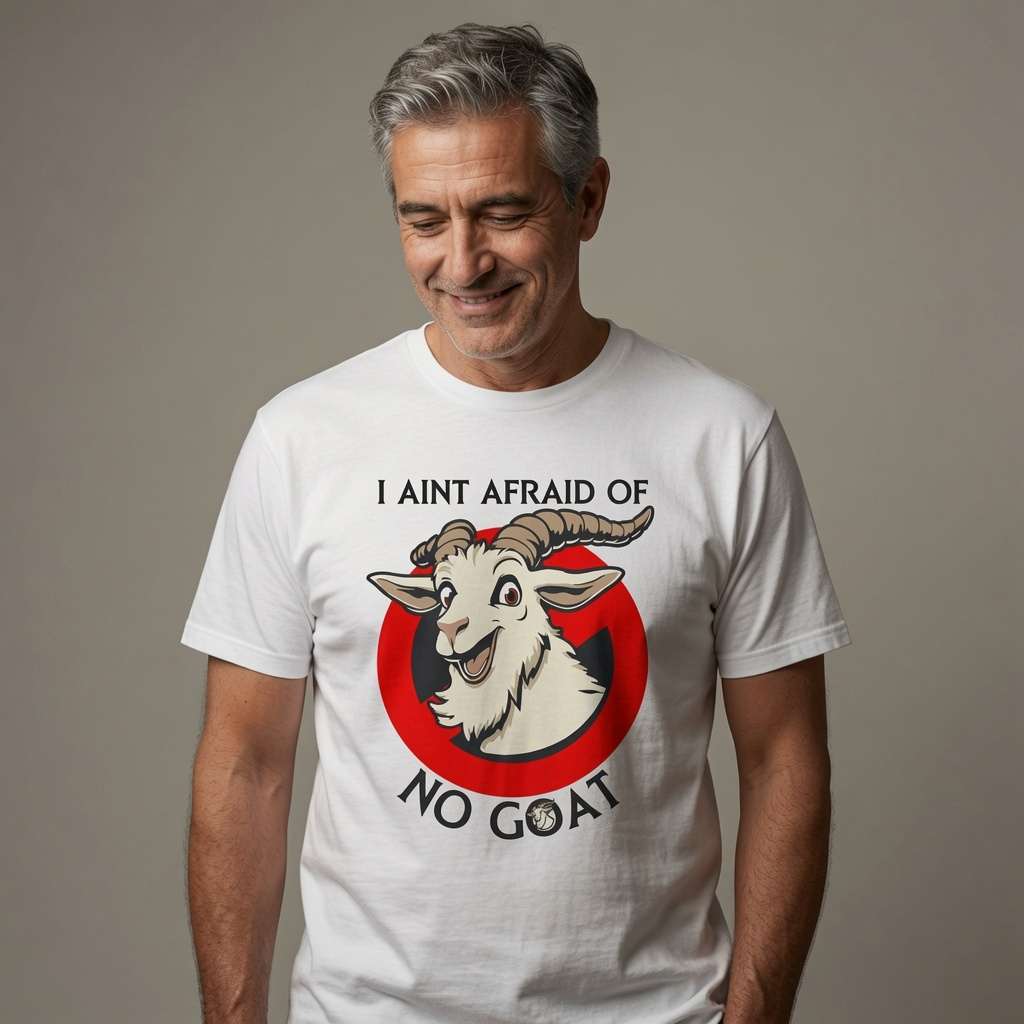 Grey-haired man smiling looking down in white I Ain’t Afraid of No Goat t-shirt featuring laughing goat, funny mens goat graphic