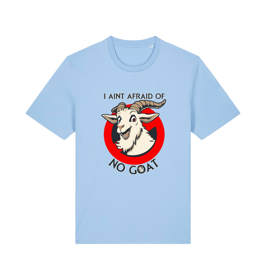 light blue animal t-shirt with the graphic of a goat and the slogan 'i ain't afraid of no goat' inspired by the classic 80's movie ghostbusters 