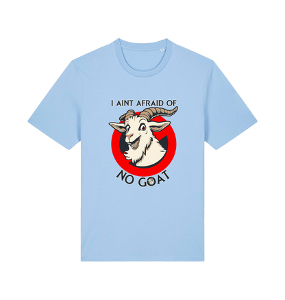 light blue animal t-shirt with the graphic of a goat and the slogan 'i ain't afraid of no goat' inspired by the classic 80's movie ghostbusters 