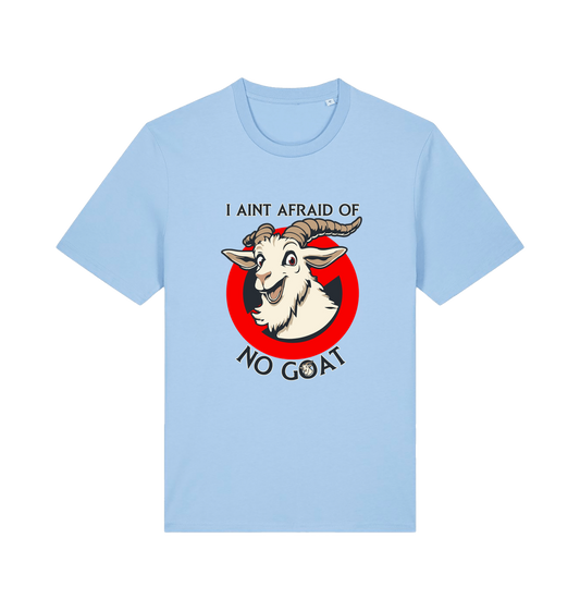 light blue animal t-shirt with the graphic of a goat and the slogan 'i ain't afraid of no goat' inspired by the classic 80's movie ghostbusters 