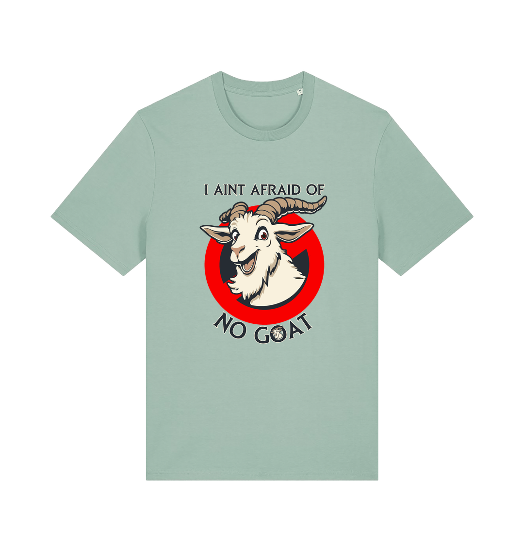 mint green animal t-shirt with the graphic of a goat and the slogan 'i ain't afraid of no goat' inspired by the classic 80's movie ghostbusters 