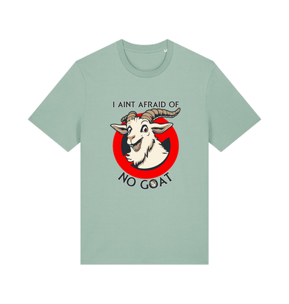 mint green animal t-shirt with the graphic of a goat and the slogan 'i ain't afraid of no goat' inspired by the classic 80's movie ghostbusters 