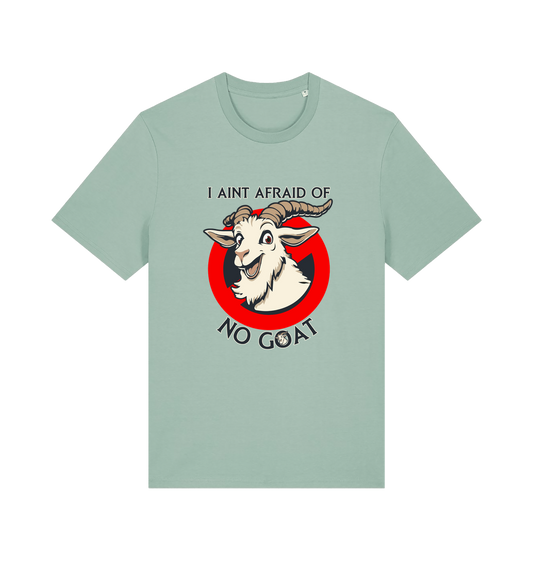 mint green animal t-shirt with the graphic of a goat and the slogan 'i ain't afraid of no goat' inspired by the classic 80's movie ghostbusters 