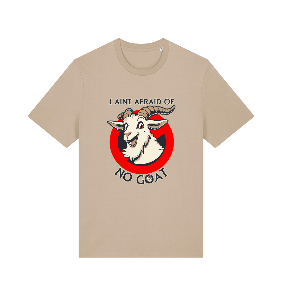 beige animal t-shirt with the graphic of a goat and the slogan 'i ain't afraid of no goat' inspired by the classic 80's movie ghostbusters 