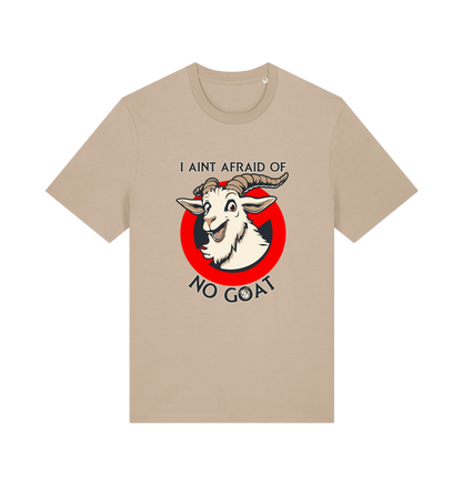 beige animal t-shirt with the graphic of a goat and the slogan 'i ain't afraid of no goat' inspired by the classic 80's movie ghostbusters 