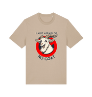 beige animal t-shirt with the graphic of a goat and the slogan 'i ain't afraid of no goat' inspired by the classic 80's movie ghostbusters 