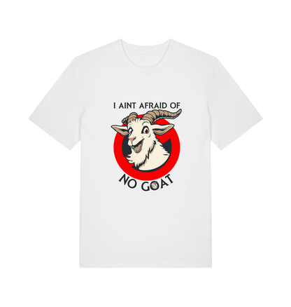 white animal t-shirt with the graphic of a goat and the slogan 'i ain't afraid of no goat' inspired by the classic 80's movie ghostbusters 