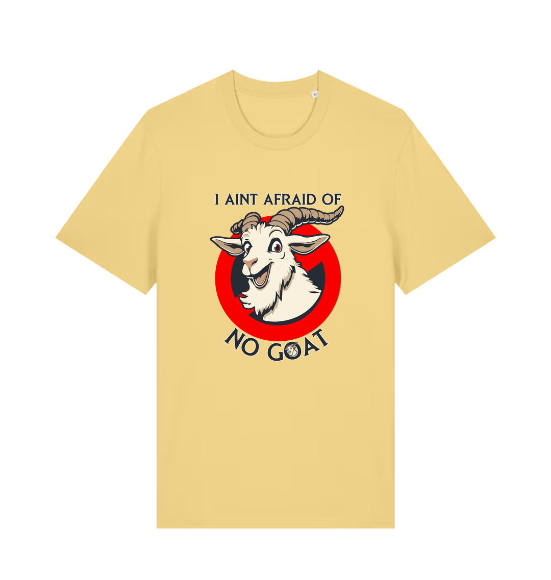 yellow animal t-shirt with the graphic of a goat and the slogan 'i ain't afraid of no goat' inspired by the classic 80's movie ghostbusters 