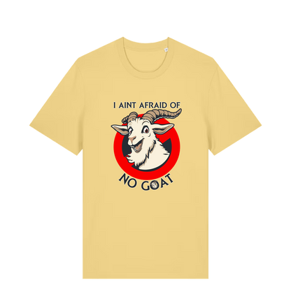 yellow animal t-shirt with the graphic of a goat and the slogan 'i ain't afraid of no goat' inspired by the classic 80's movie ghostbusters 