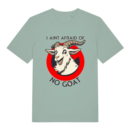 Aloe women's Goatbusters T-shirt flat lay with "I AIN'T AFRAID OF NO GOAT" parody graphic