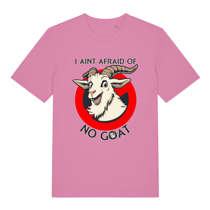 Bubble Pink women's Goatbusters T-shirt flat lay featuring funny Ghostbusters goat design