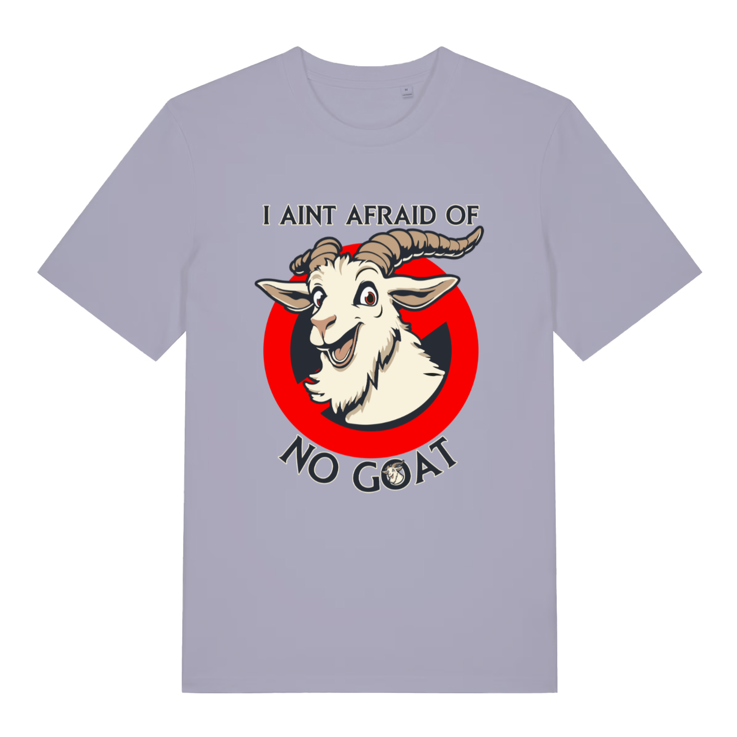 Lavender women's Goatbusters T-shirt flat lay with hilarious "no goat" Ghostbusters style illustration