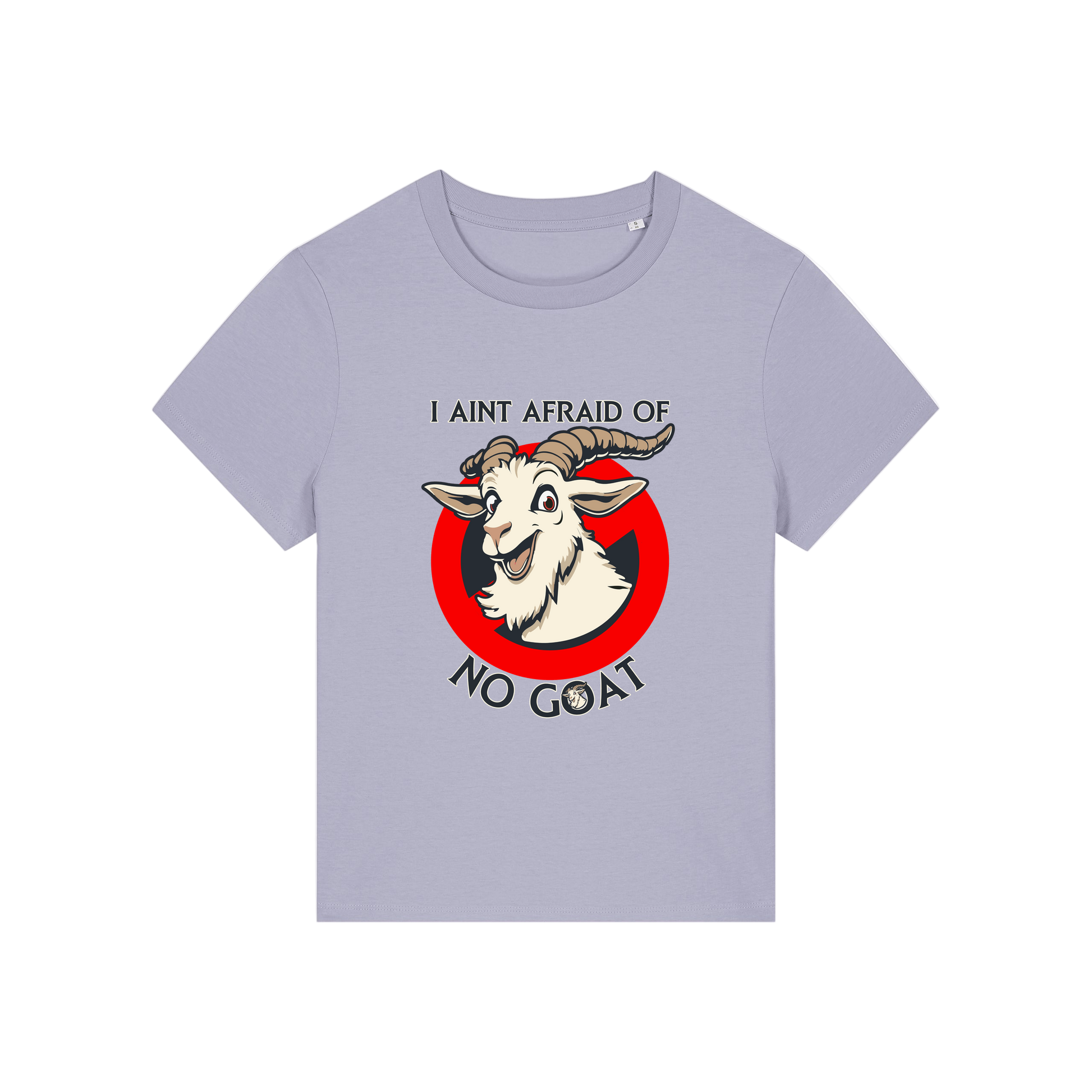 lavender movie t-shirt with the graphic of a  goat and the slogan 'i ain't afraid of no goat'