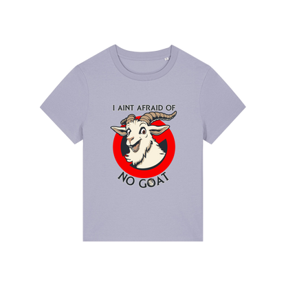 lavender movie t-shirt with the graphic of a  goat and the slogan 'i ain't afraid of no goat'