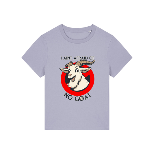 lavender movie t-shirt with the graphic of a  goat and the slogan 'i ain't afraid of no goat'