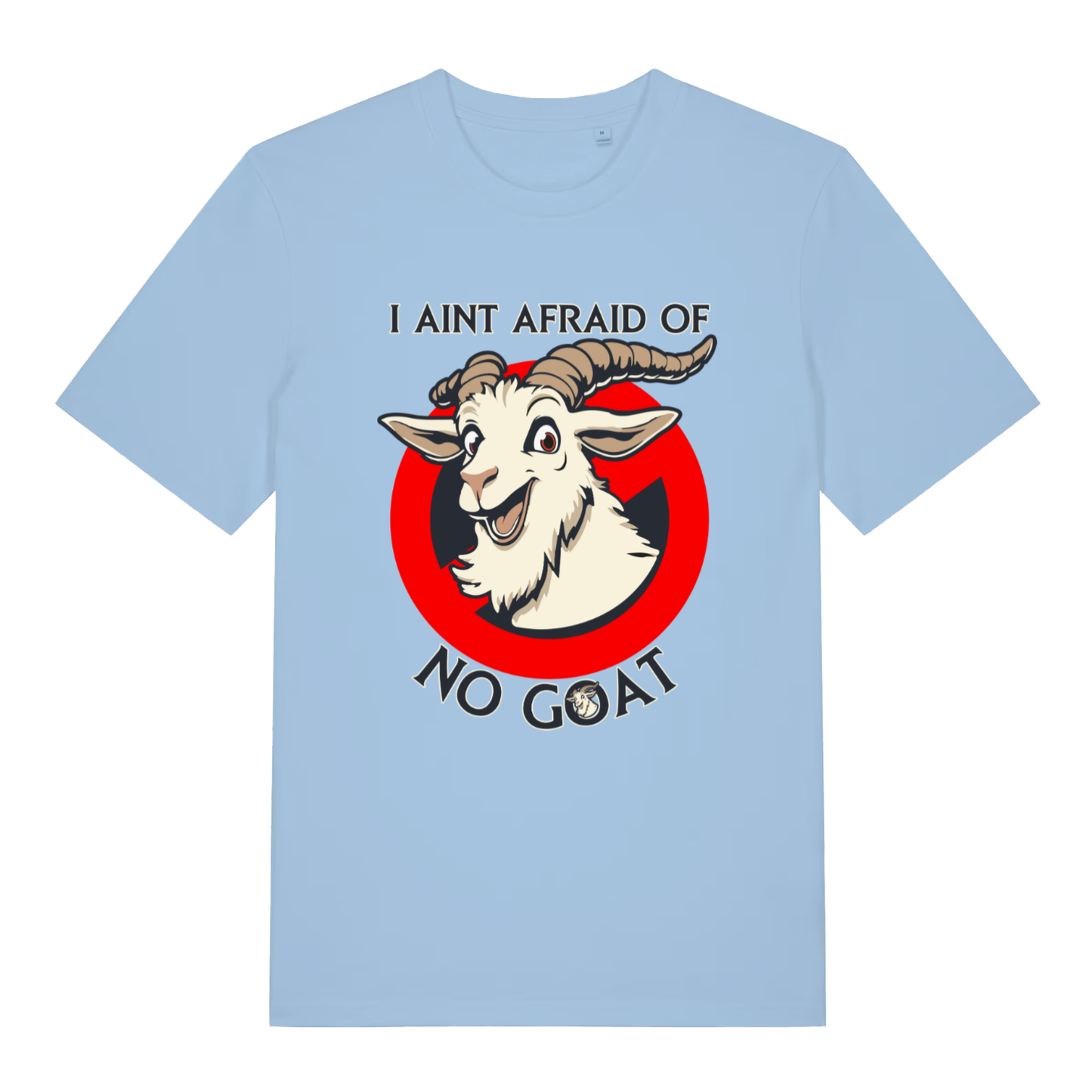 Light Blue women's Goatbusters T-shirt flat lay displaying Goatbusters goat graphic