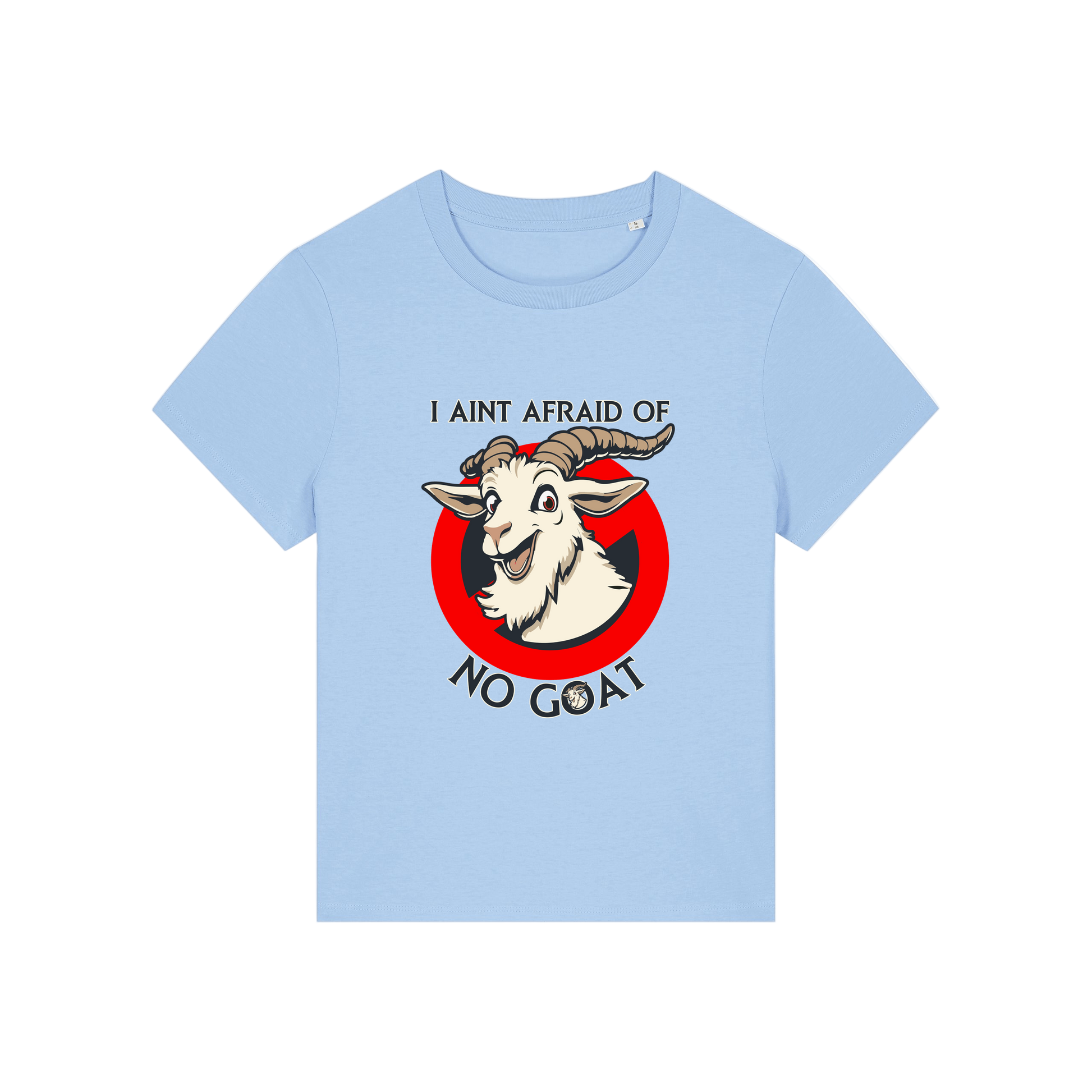 light blue movie t-shirt with the graphic of a goat and the slogan 'i ain't afraid of no goat'