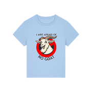 light blue movie t-shirt with the graphic of a goat and the slogan 'i ain't afraid of no goat'