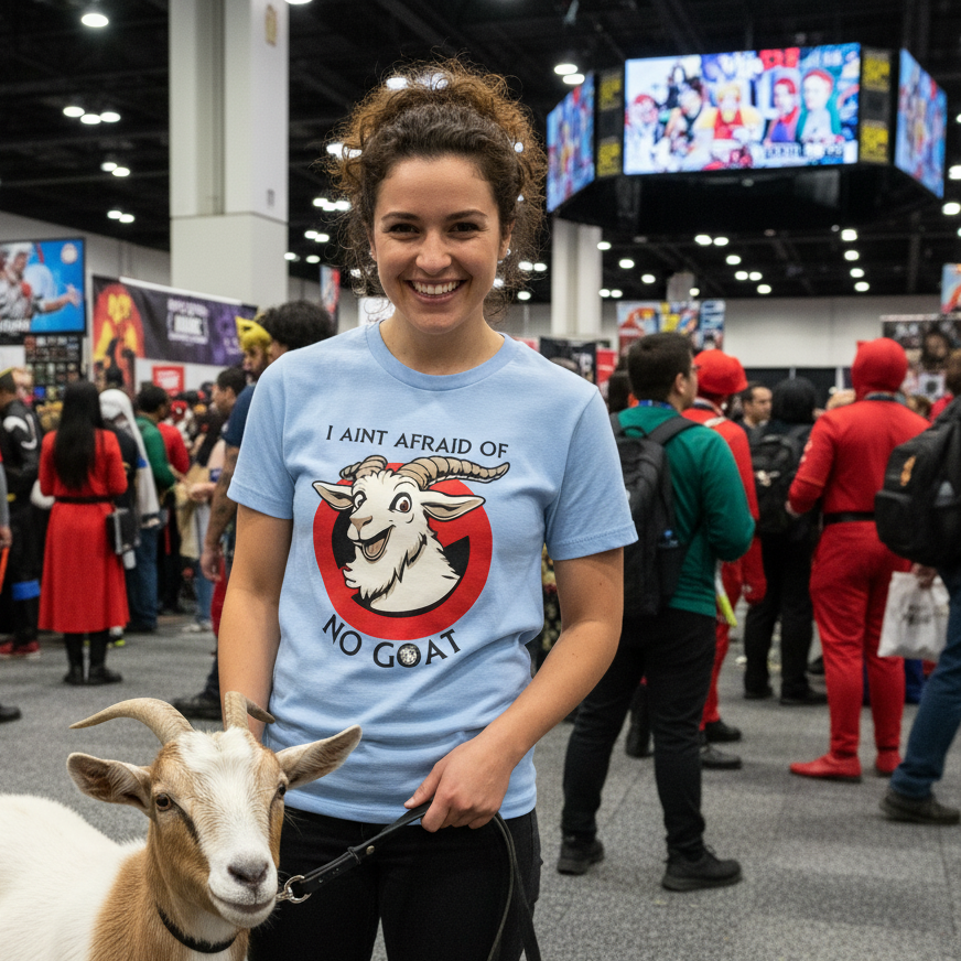 woman with a goatbusters t-shirt on whilst at comic con with a goat