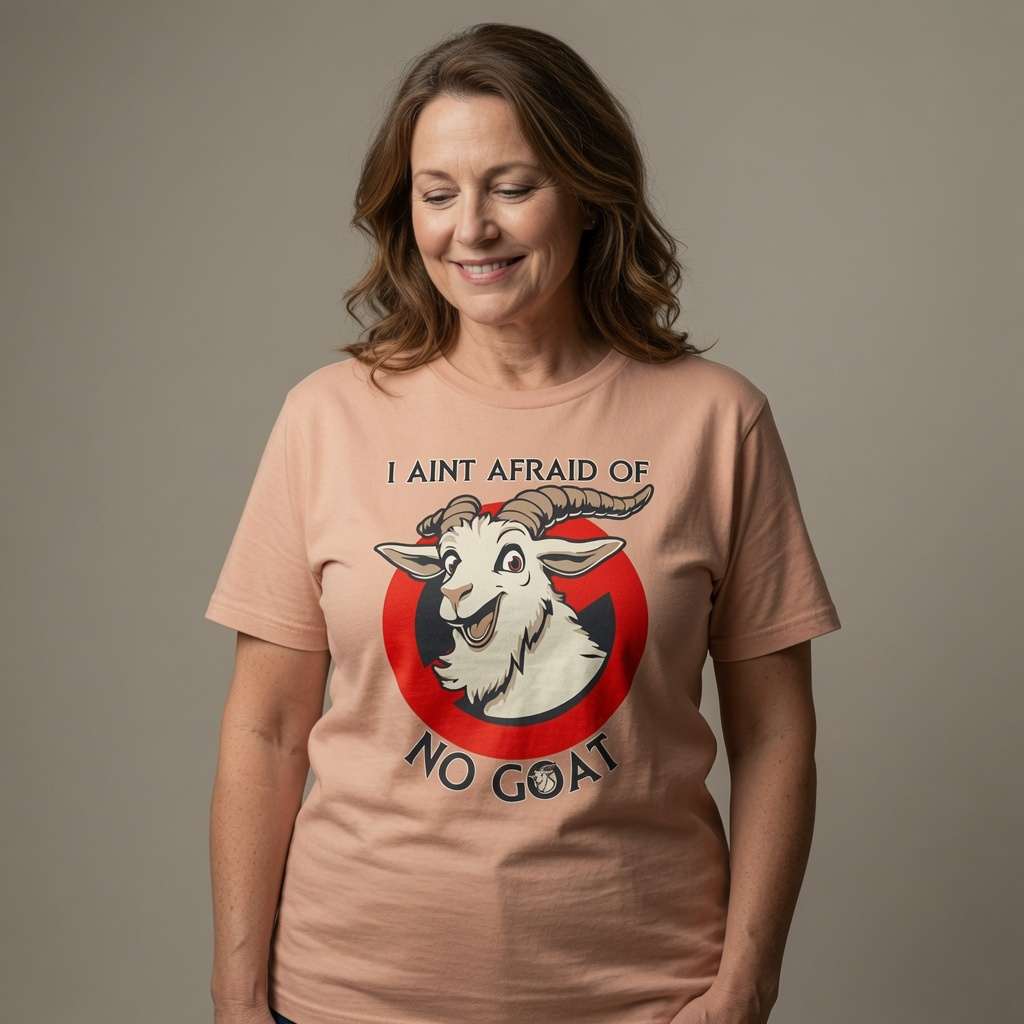 Woman smiling looking down in peach I Ain’t Afraid of No Goat t-shirt, funny ladies goat pun animal graphic