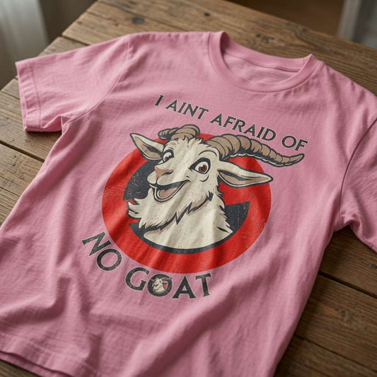Pink I Ain’t Afraid of No Goat t-shirt on wood featuring laughing goat logo, ladies movie goat pun parody