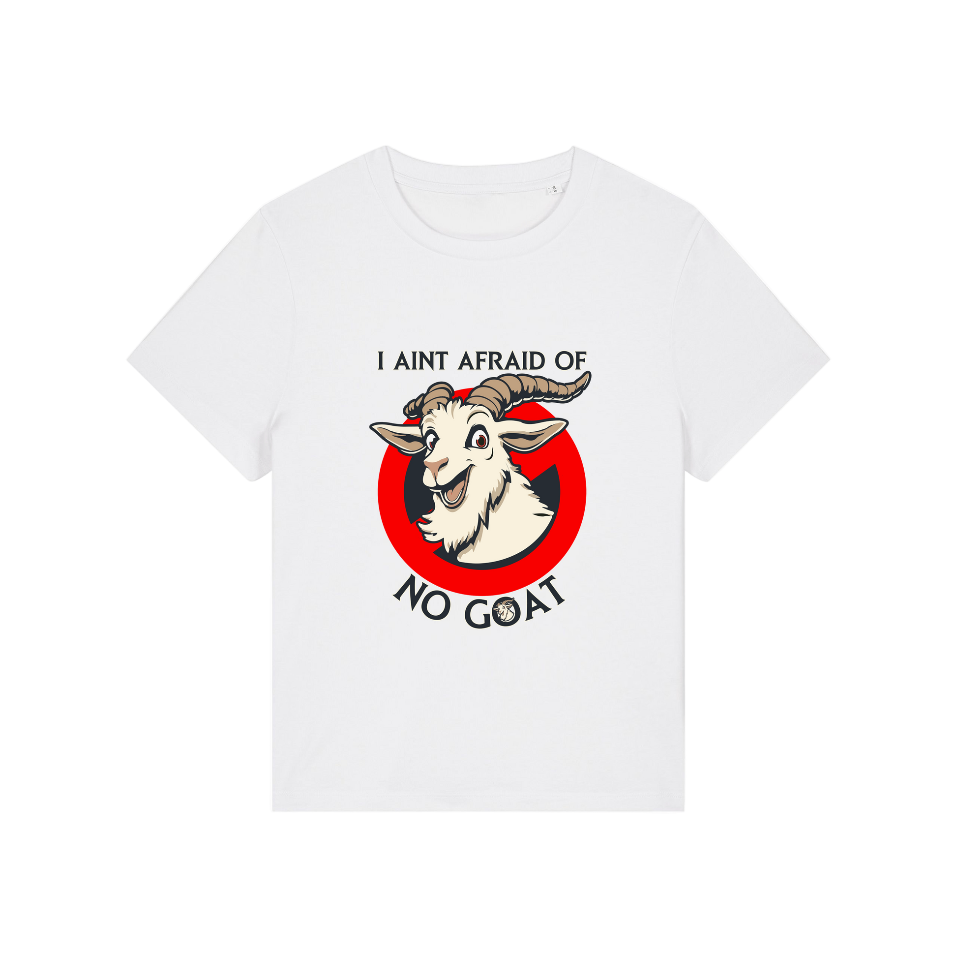 white movie t-shirt with the graphic of a goat and the slogan 'i ain't afraid of no goat'