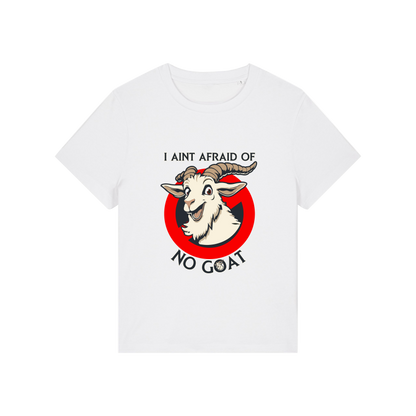 white movie t-shirt with the graphic of a goat and the slogan 'i ain't afraid of no goat'