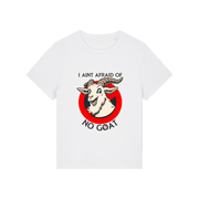 white movie t-shirt with the graphic of a goat and the slogan 'i ain't afraid of no goat'