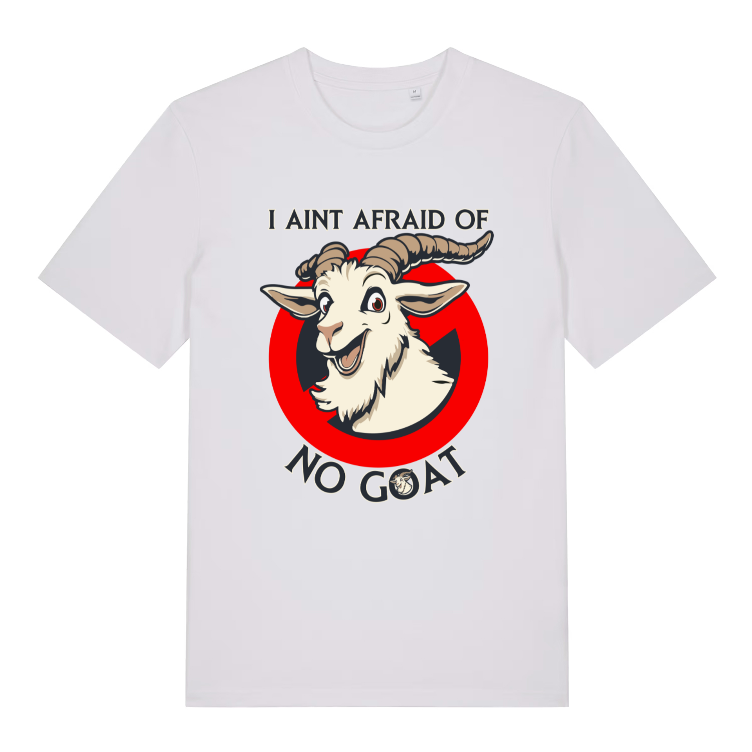 White women's Goatbusters T-shirt flat lay with "I ain't afraid of no goat" parody