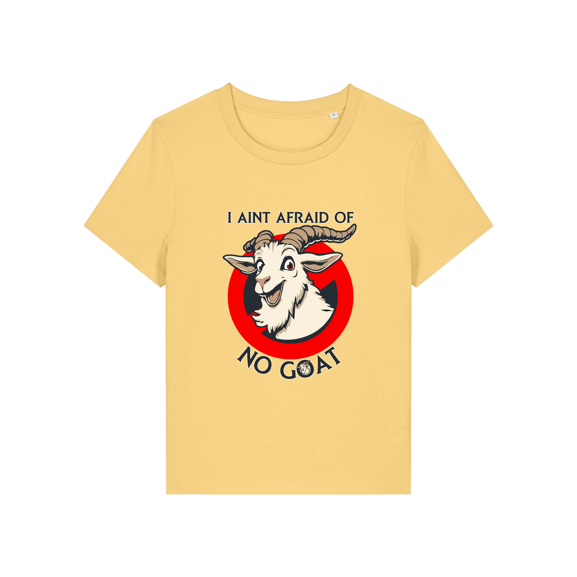 yellow movie t-shirt with the graphic of a goat and the slogan 'i ain't afraid of no goat'