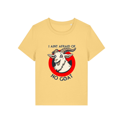 yellow movie t-shirt with the graphic of a goat and the slogan 'i ain't afraid of no goat'